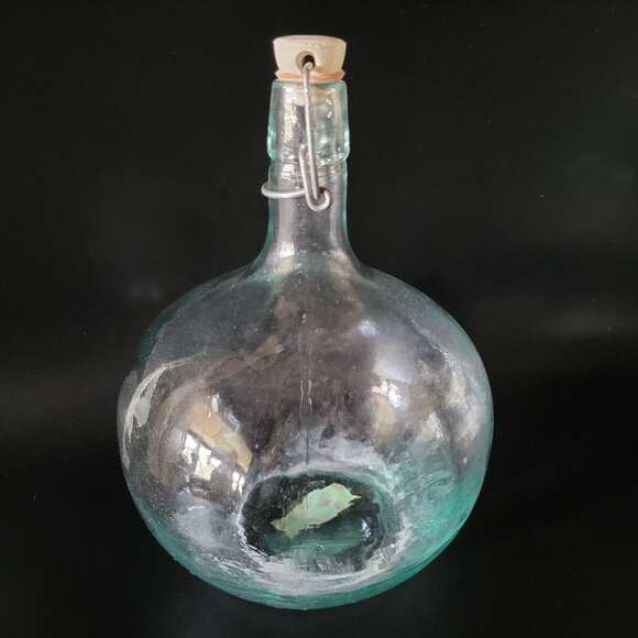 Vtg Blown Green Glass Bottle Wire Bail  Porcelain Stopper Made in Italy, Rustic - Picture 5 of 10